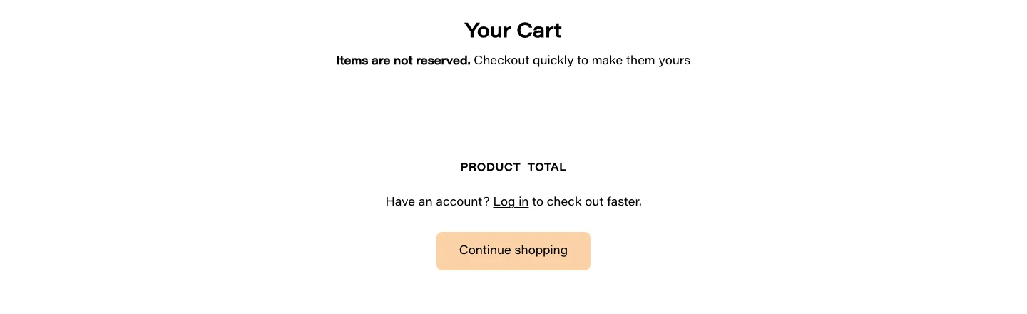 Empty cart page showing Items are not reserved and PRODUCT TOTAL headings with no items and no empty-cart message