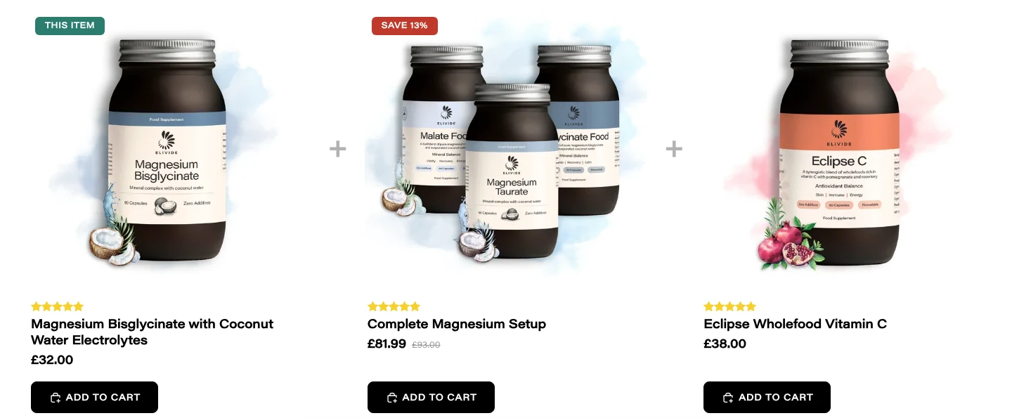 Complete Your Routine cards showing Complete Magnesium Setup at £81.99 with a struck-through £93.00 and a Save 13% tag
