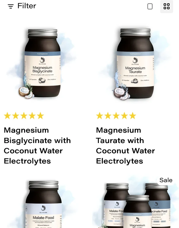 Search results showing Magnesium Bisglycinate and Magnesium Taurate cards with no prices
